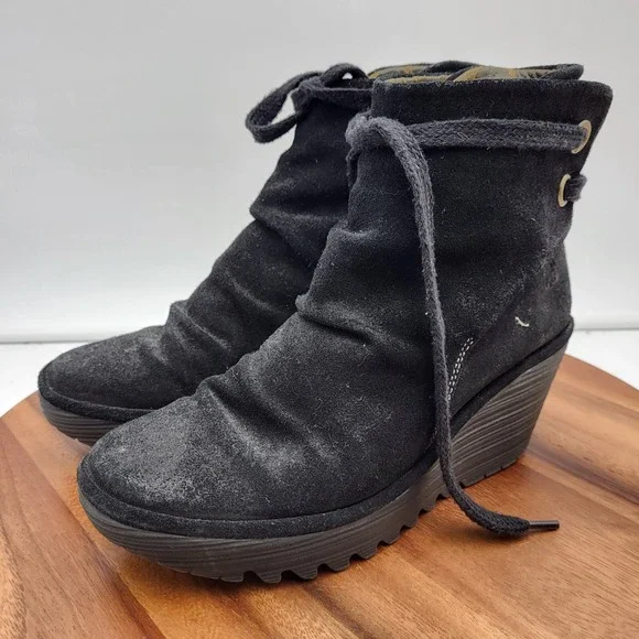 Fly London Ankle Boot Womens 7.5 / 8 Yama Black Suede Wedge Lace-up Back Booties - Picture 7 of 16